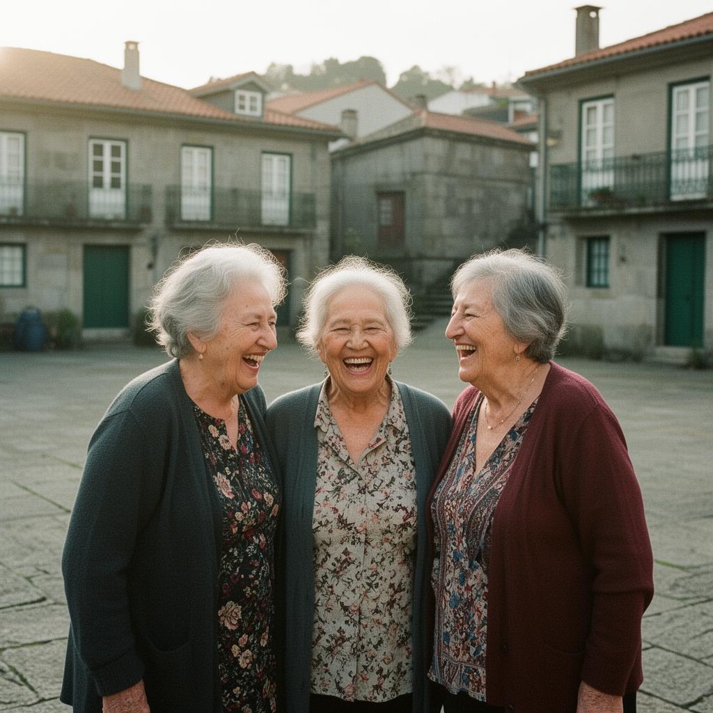 Tres mujeres mayores riendo juntas en la plaza de un pueblo gallego tras ir a la peluquería