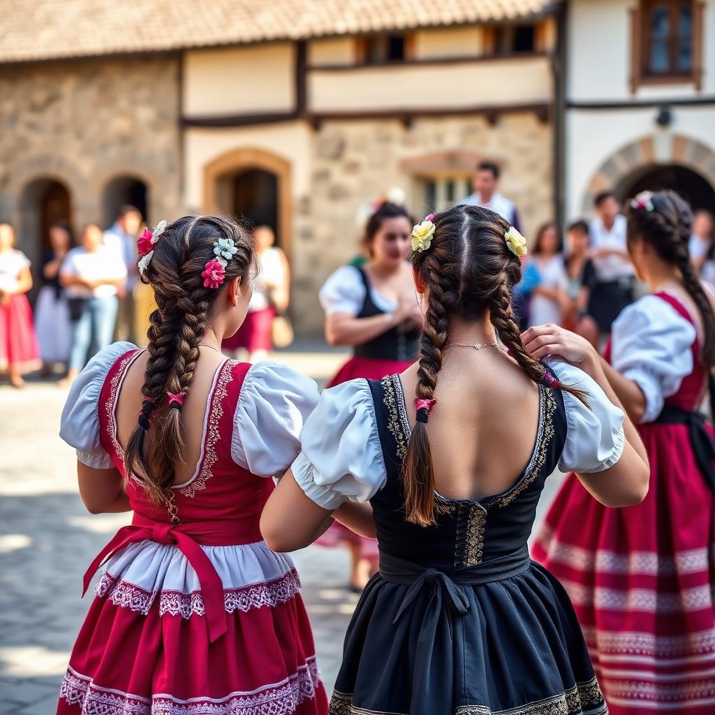 Mujeres bailando danza tradicional gallega con trajes típicos y peinados con trenzas y flores
