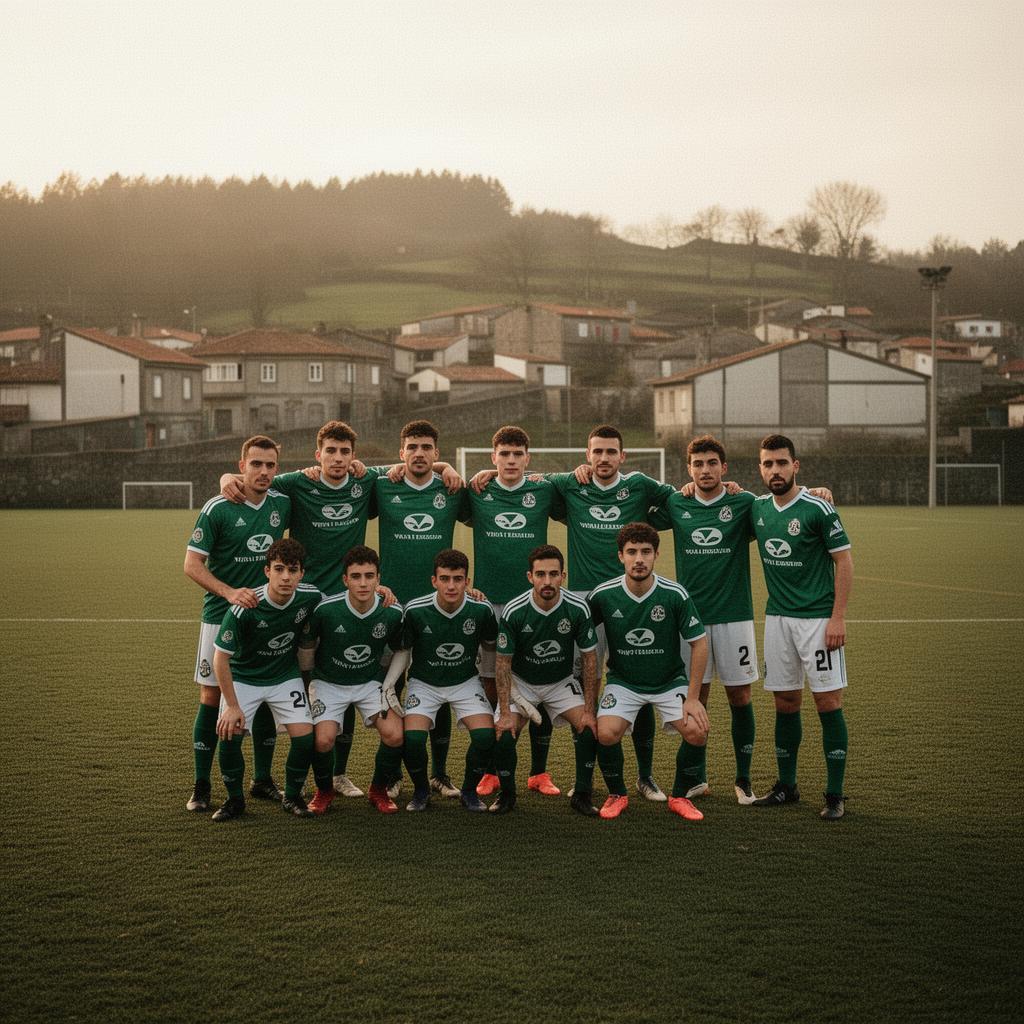 Equipo de fútbol amateur de un pueblo gallego posando en el campo