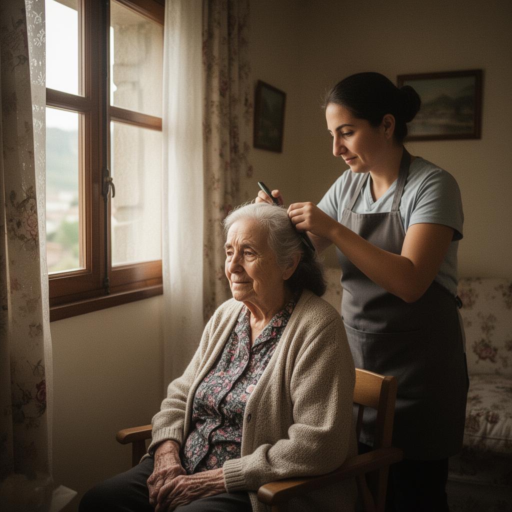 Servicio de peluquería a domicilio para una persona mayor en una casa rural